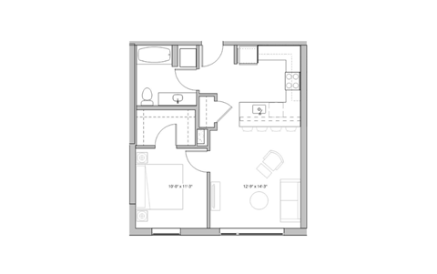 bedroom floor plan of a small apartment with a closet
